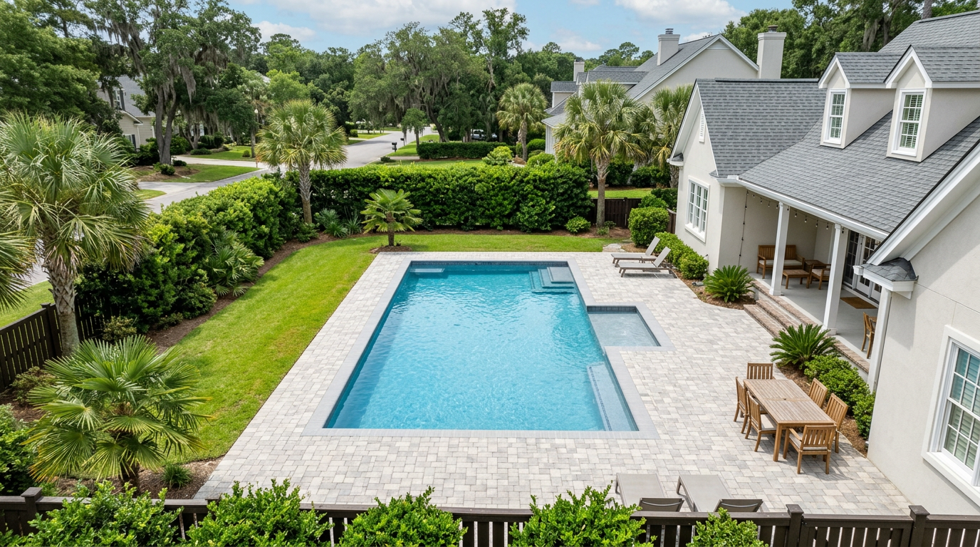 Aerial view of a Charleston-area pool deck with slip-rated pavers, drainage pitch away from the pool, and clean coping transition
