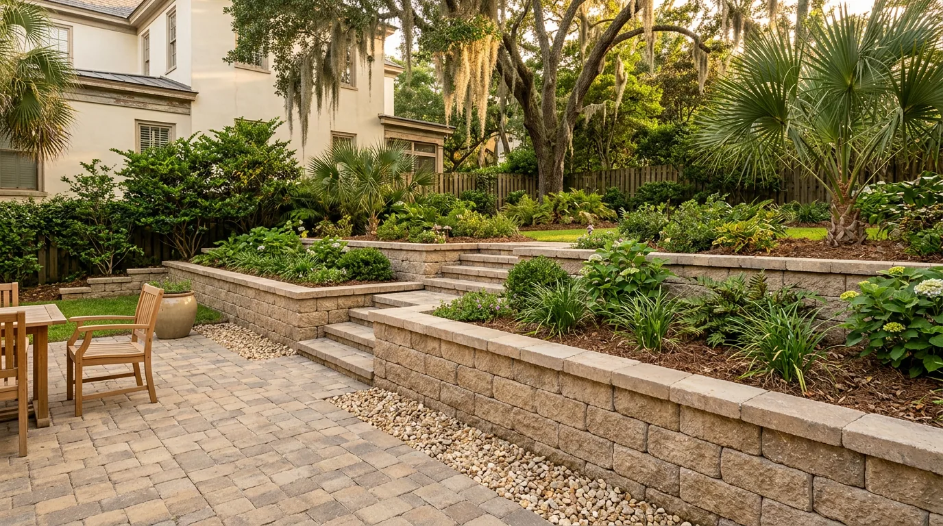 Retaining wall and grade change on a Charleston residential property