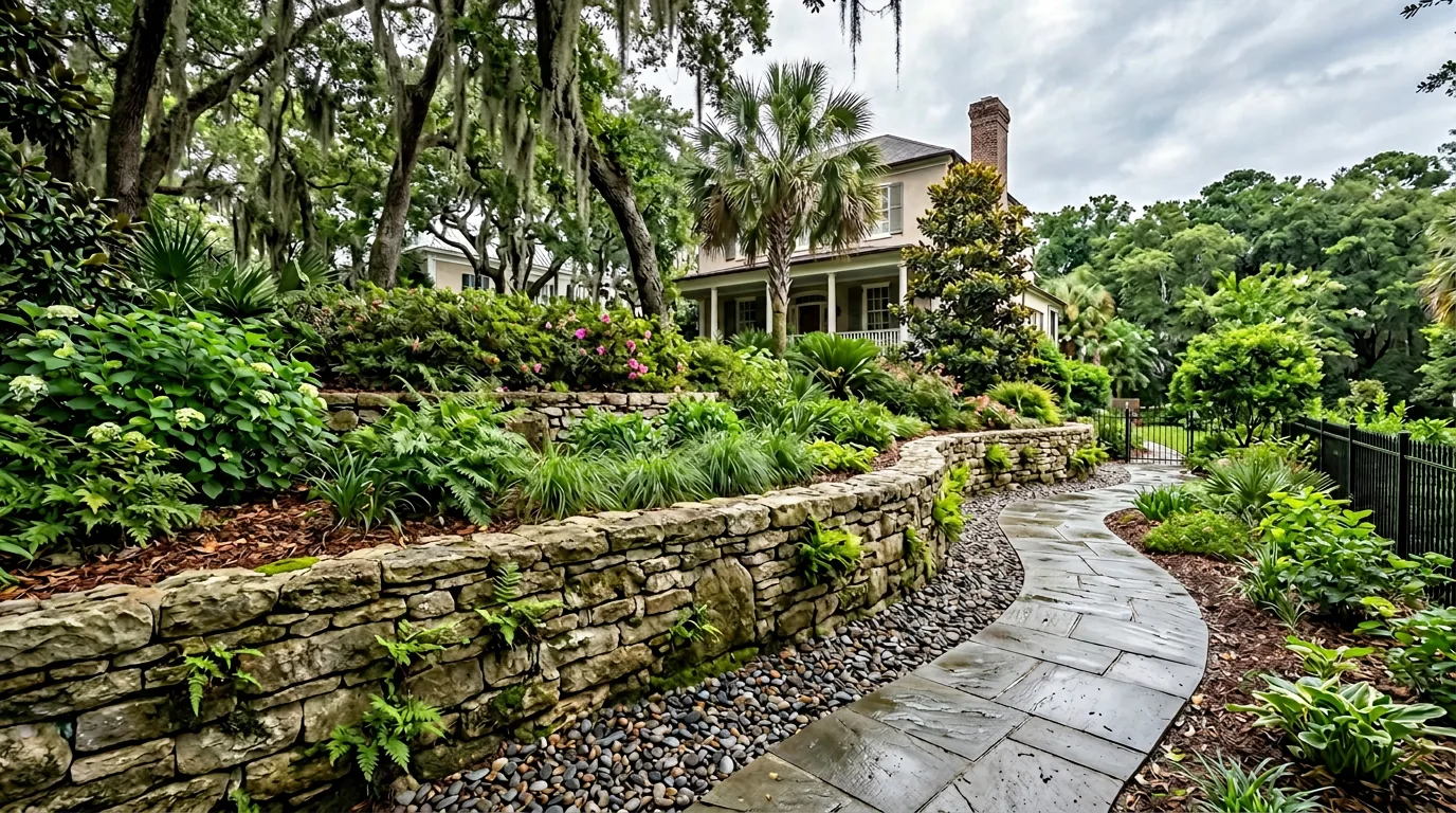 Segmental retaining wall along a Charleston backyard slope