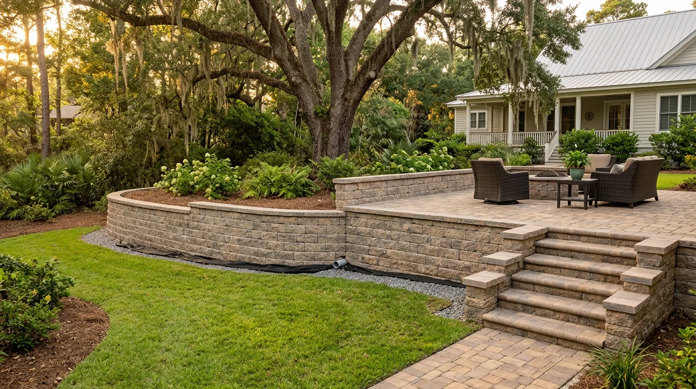 Landscape retaining wall with planting beds in the Lowcountry