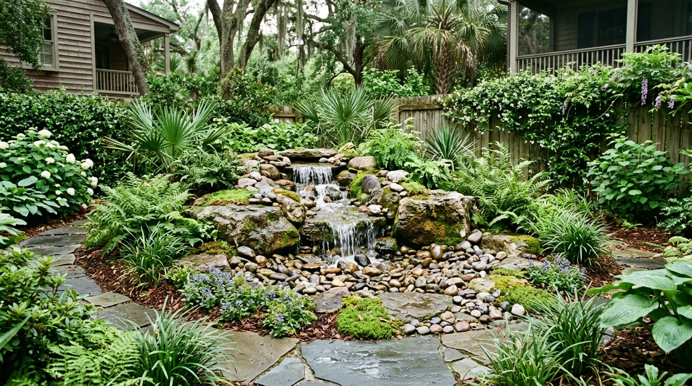 Pondless water feature in a Charleston landscape
