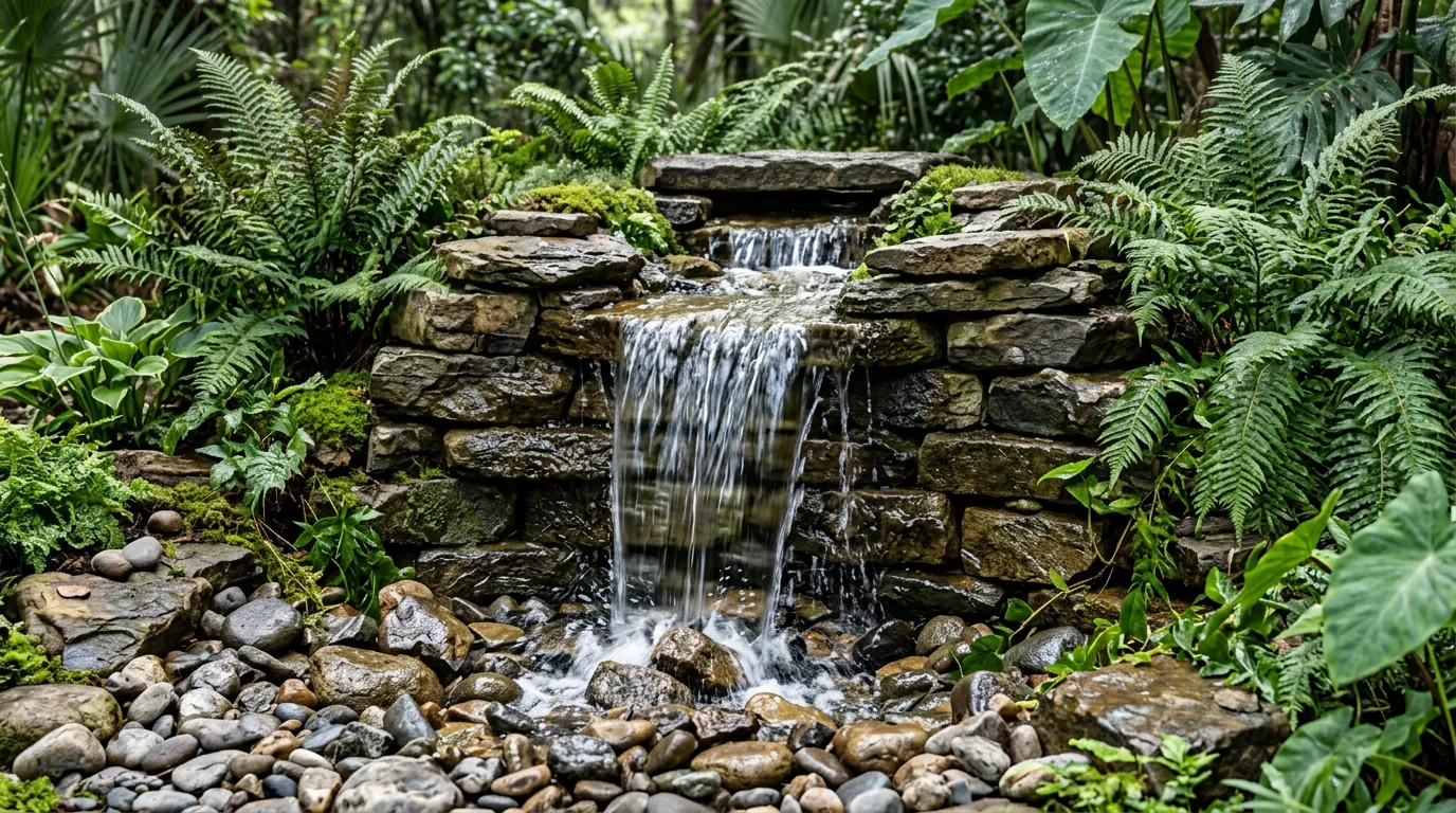 Waterfall and stone water feature in the Lowcountry
