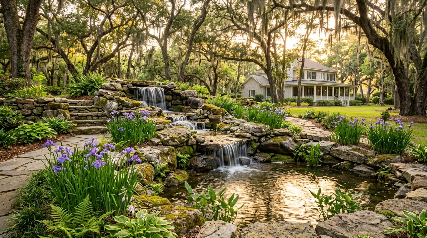 Outdoor water feature near a patio seating area